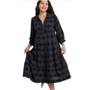 Umgee 2XL Navy Blue Swiss Polka Dot Tiered Shirt Dress Midi Casual Lagenlook